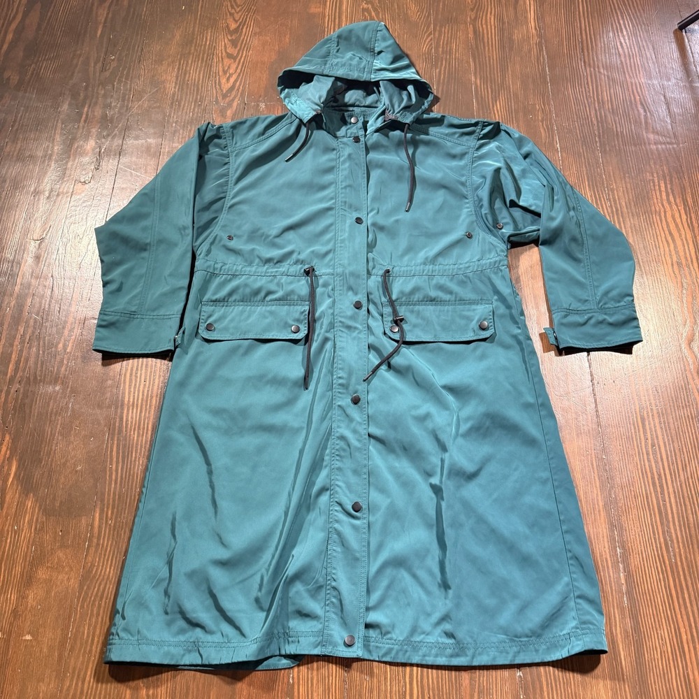 7 For All Mankind Jacket Womens L Teal Hooded Trench Long Overcoat Rain Coat